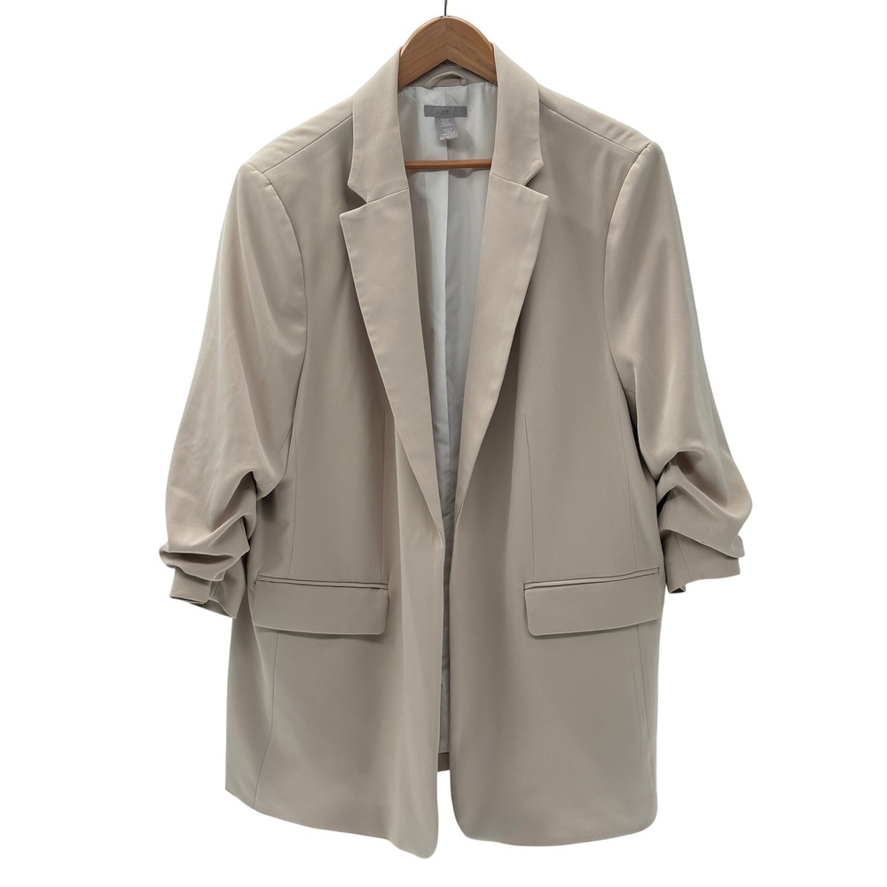 H&M Blazer Gathered Sleeve Light Beige Women Large Long Oversized Minimalist
